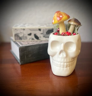 White Ceramic Skull and Mushrooms Planter